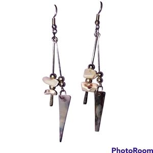 4" Long Dangling Pierced Shell Earrings White & Pearlized Silver Wires & Shells